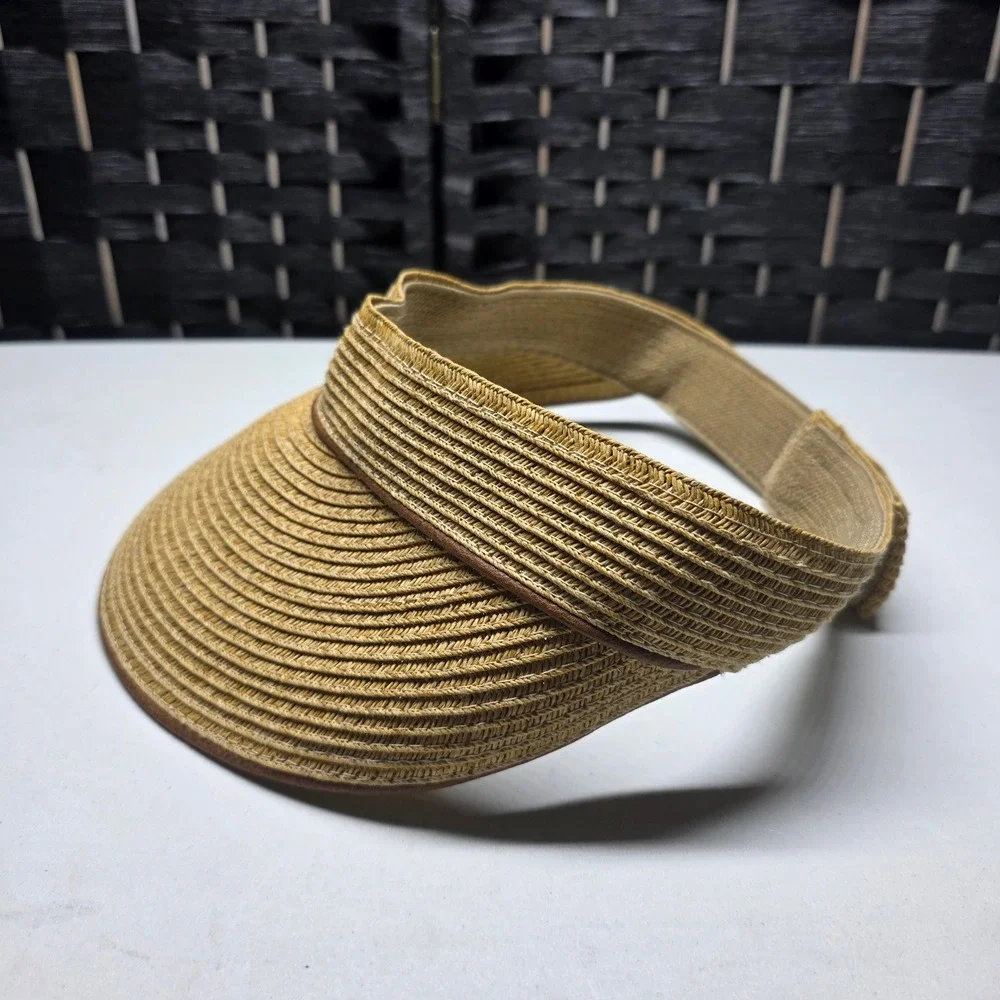 Nine West Straw Sun Visor Hat Tan Brown‎ Woven Adjustable Hook Loop One Size